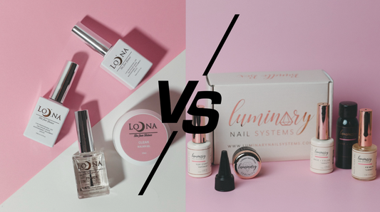 “Side-by-side comparison of Luminary Multi-Flex Gel and Loona Nails Hard Gel on natural nails, showing texture, flexibility, and shine for nail techs choosing the best gel system.